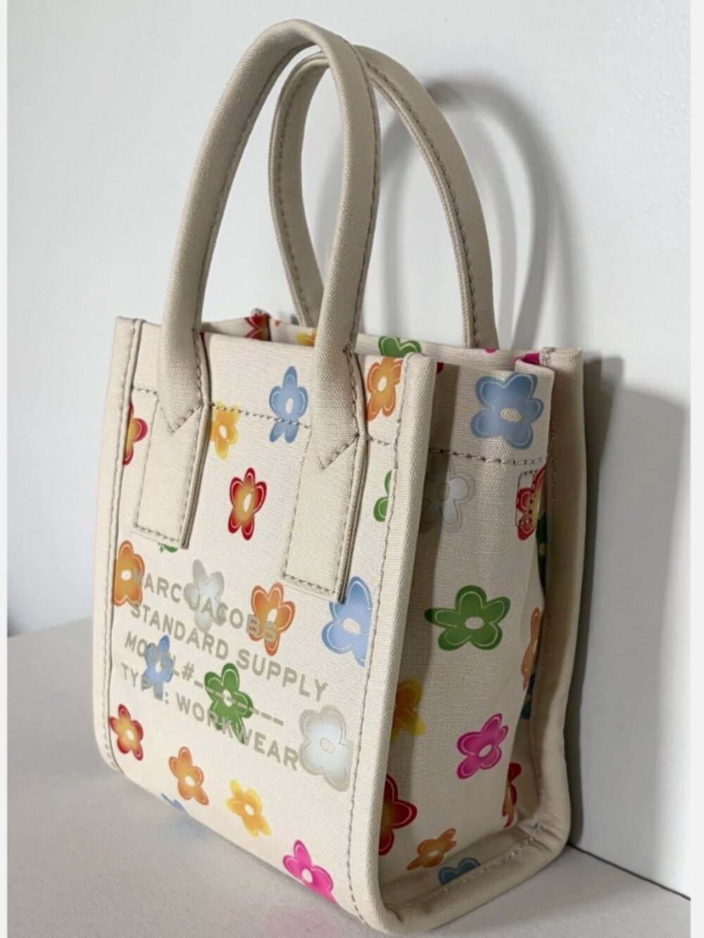 New Marc Jacobs Cotton Canvas Graphic Sticker-Print Small Tote White Multi